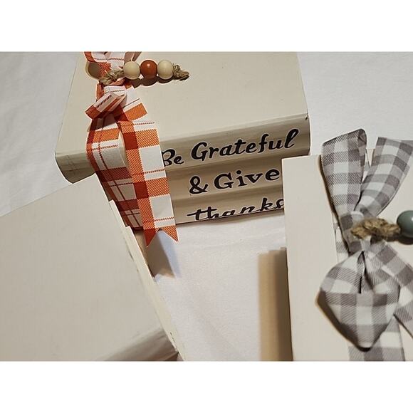 Set of 4 Stacked Faux Book Farmhouse Fall Decor Ribbon Wrapped Beads 5.75x4x3" - Picture 4 of 7